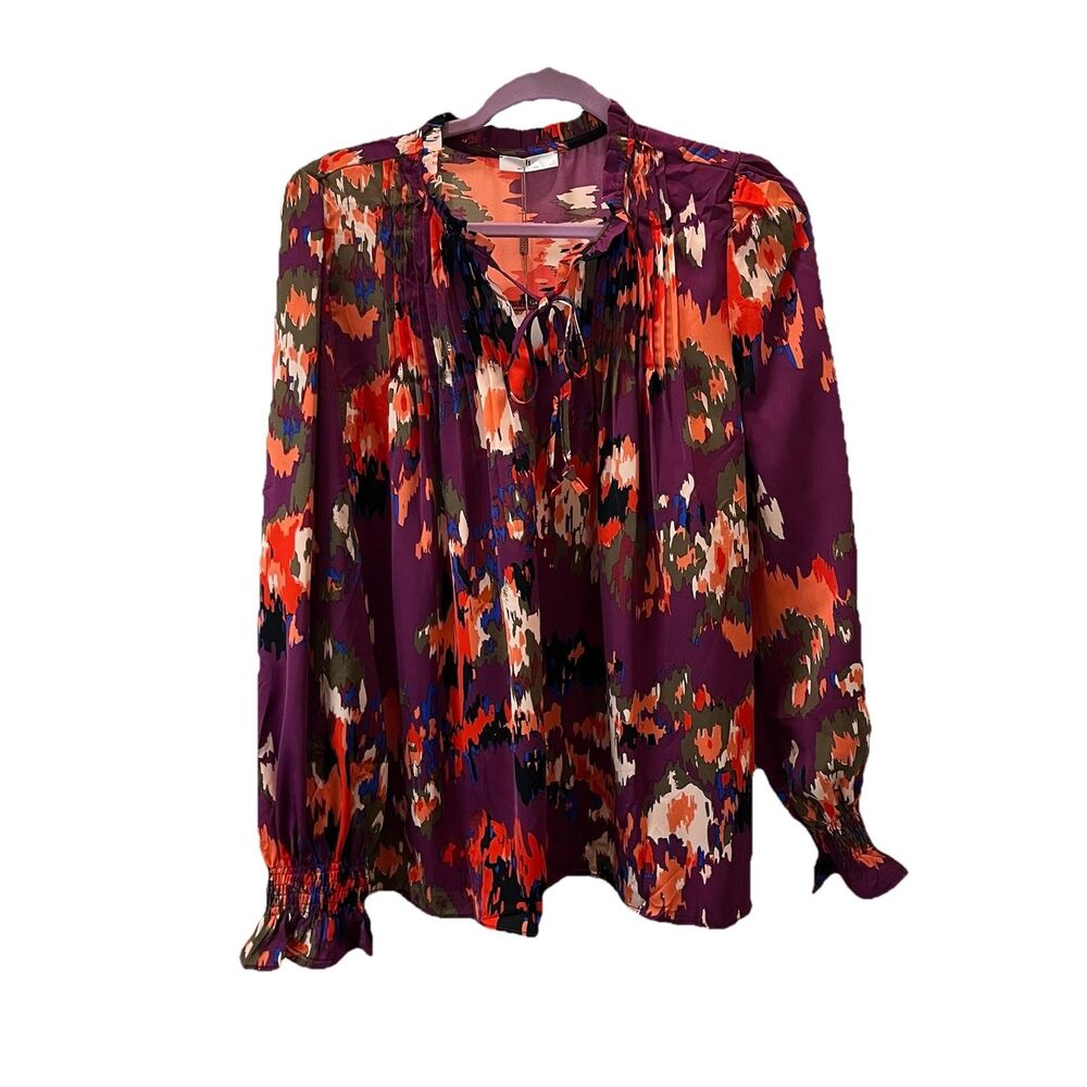 HOTOUCH Peasant Blouse Women Size L Long Sleeve Pintuck Purple Floral Watercolor